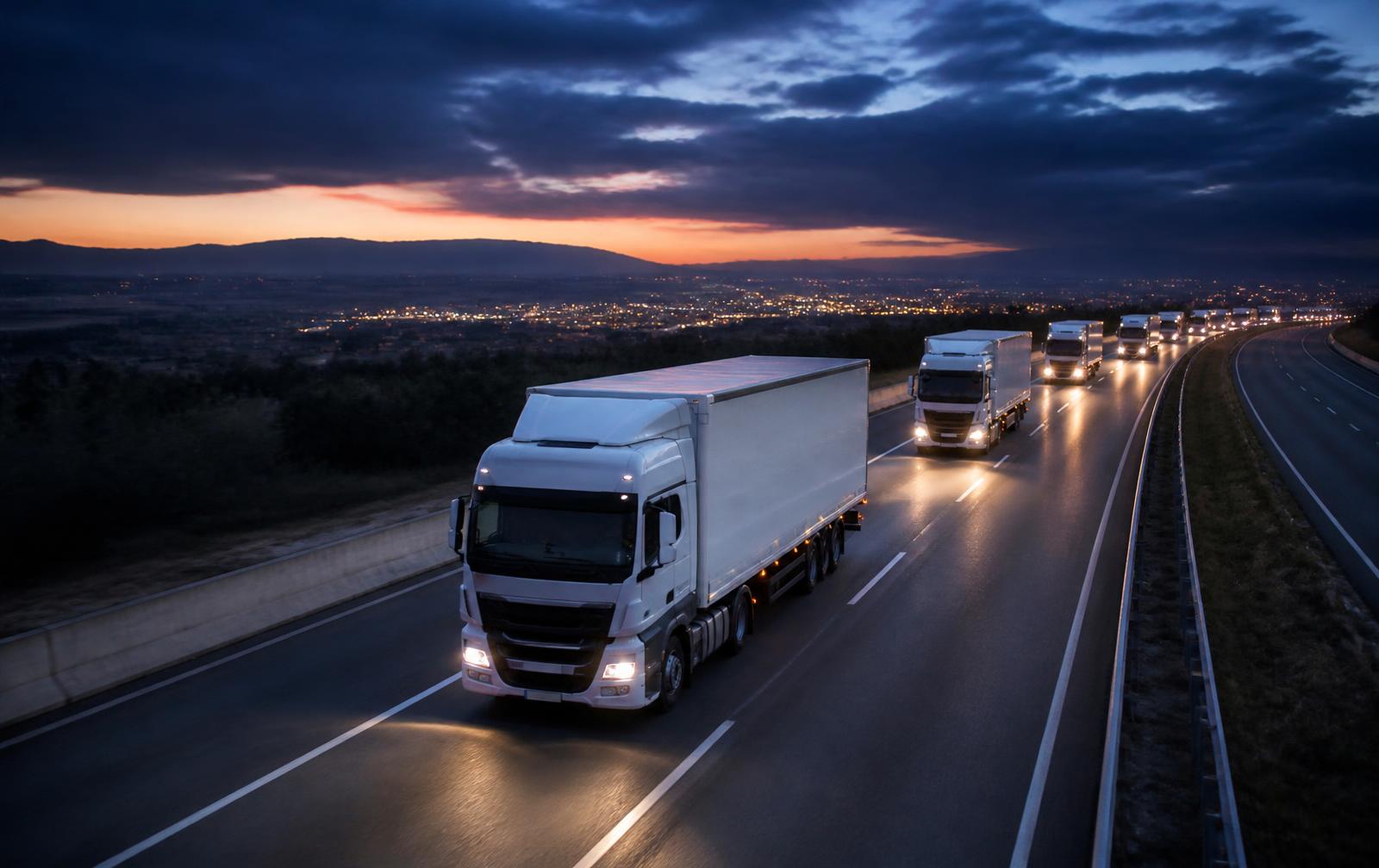 Frota de caminhões da Nova Rota Express em rodovia ao anoitecer